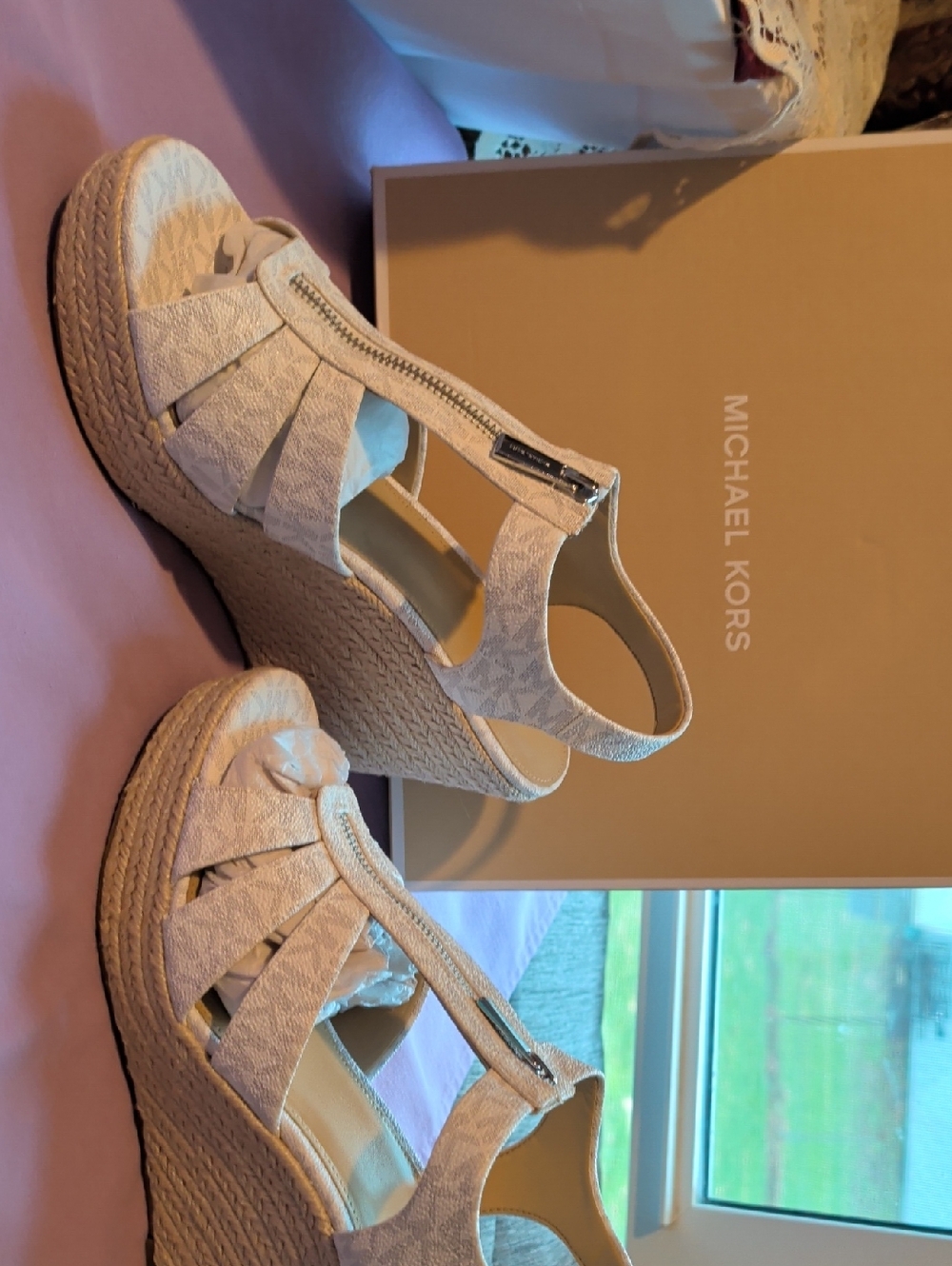 Michael Kors Ivory Logo Espadrille Wedge Sandals with Front Zip